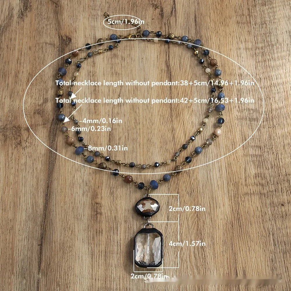 Two-layer tribal style necklace with glass and stone pendants on adjustable chain