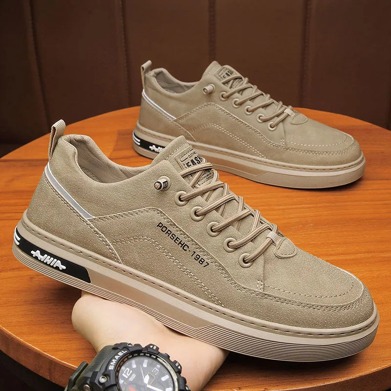 Men's khaki work shoes with round toe and non-slip rubber soles for construction site use