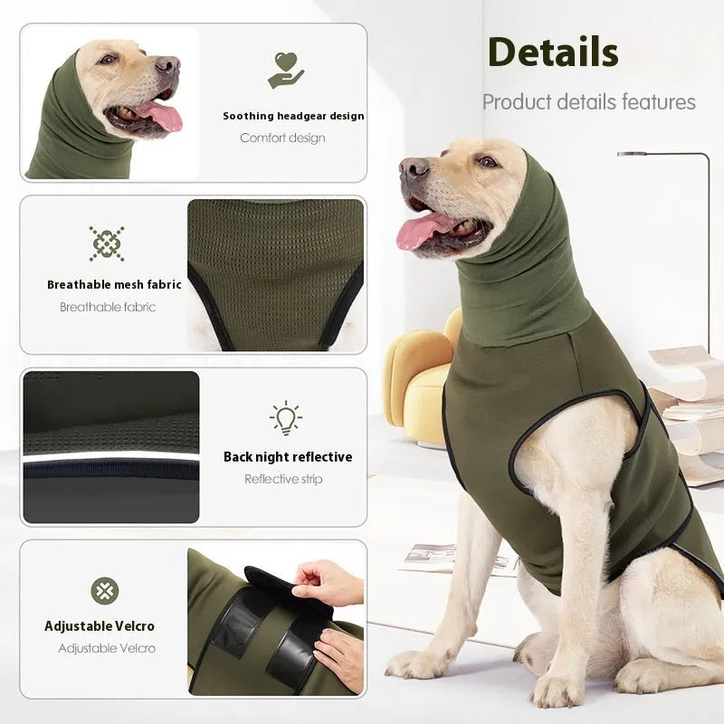 Army Green polyester dog calming anxiety vest on a medium-sized dog