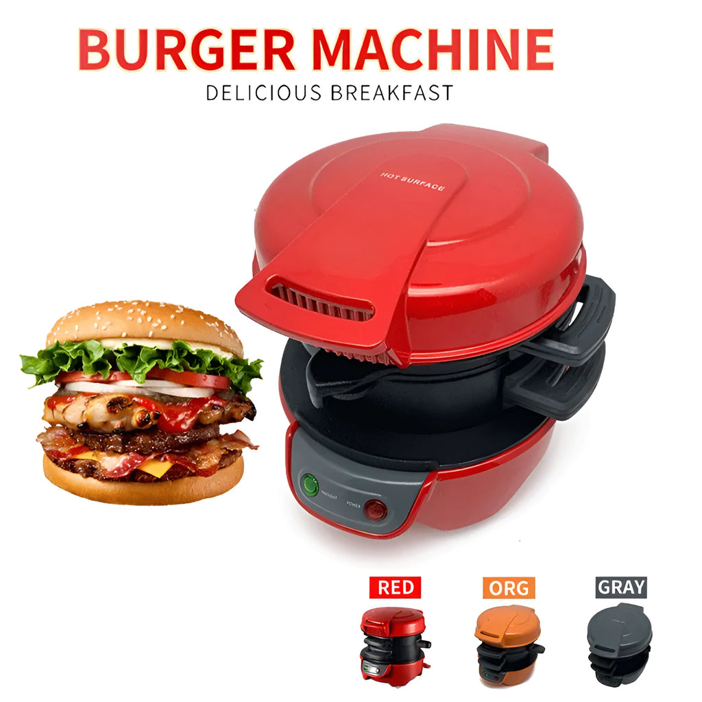 Bright red breakfast sandwich maker machine with egg cooker ring and waffle function