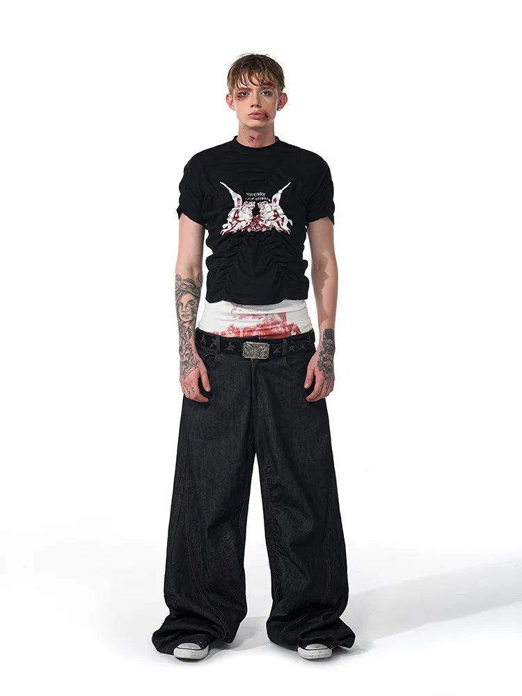 Men's black printed slim fit short sleeve round neck t-shirt with Korean style, summer casual top
