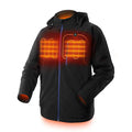 Black men's USB heated waterproof winter coat with straight hem and long sleeves shown on a hanger.