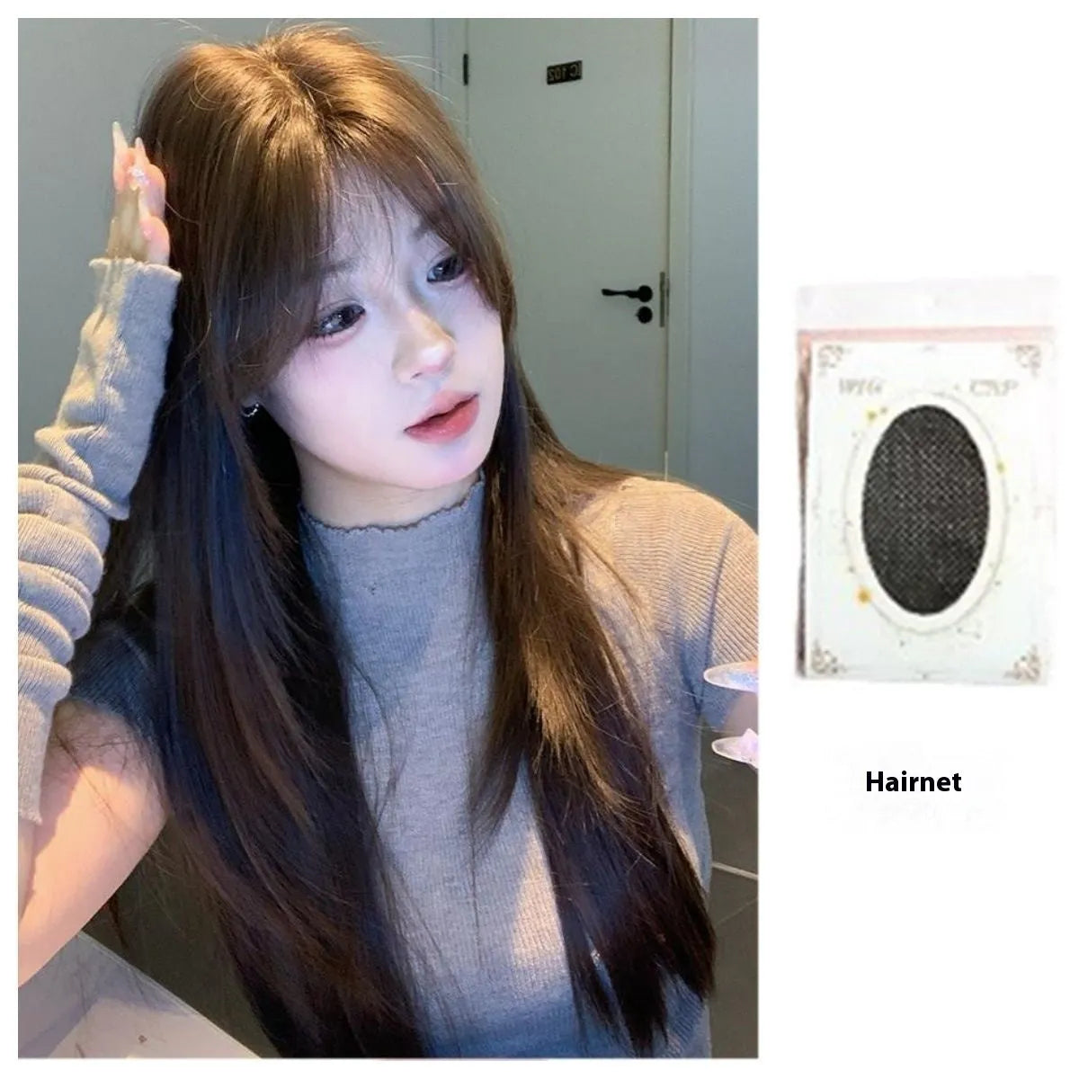 Ladies long straight layered wig in cold brown with lace front, natural style, includes hair net