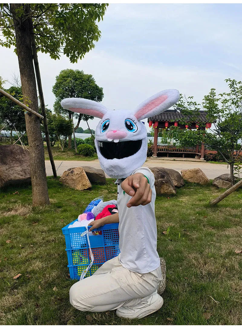 White rabbit head decorative cover for electric motorcycle helmet with plush fabric and long ear design