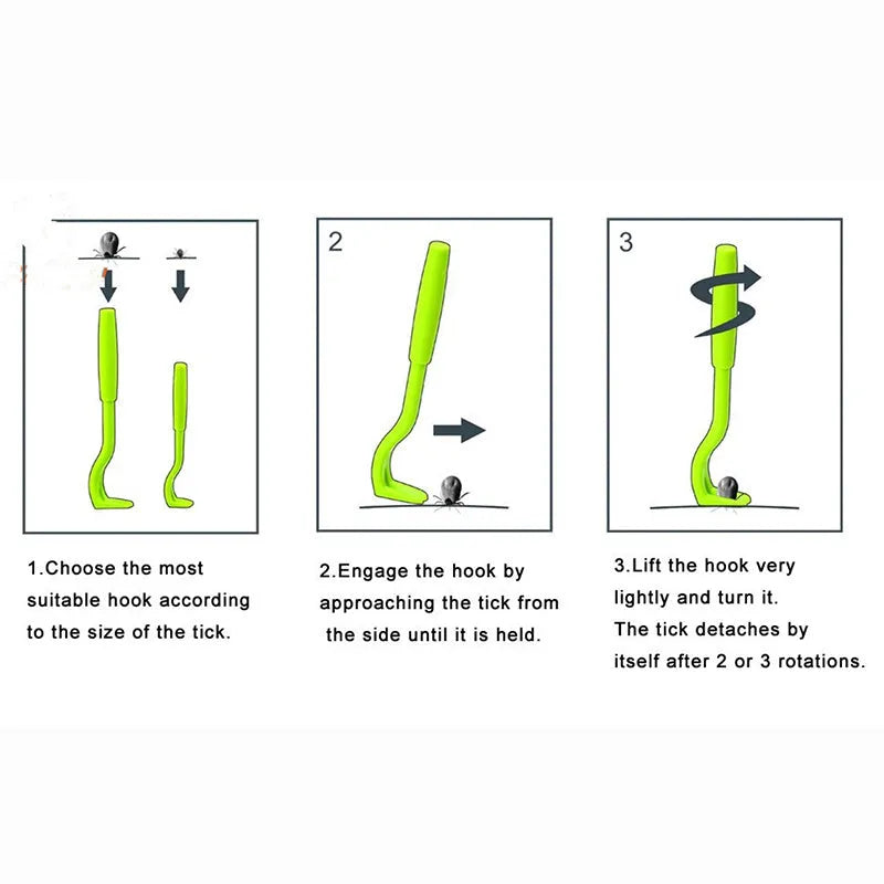 Three plastic tick removal hooks for pet grooming in blue and green colours
