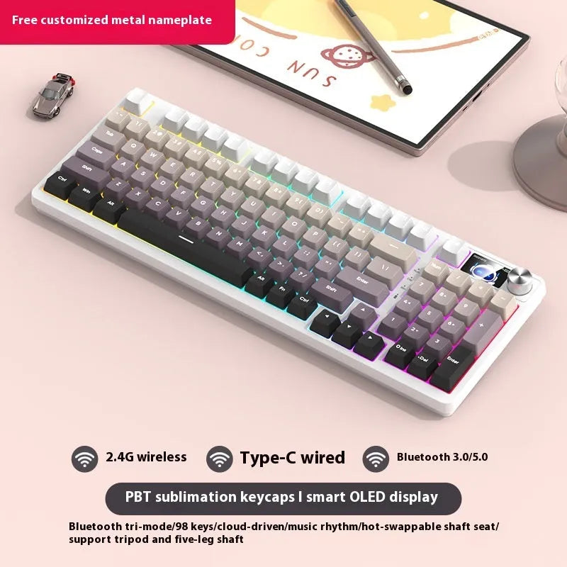 98 key wireless Bluetooth mechanical keyboard with display screen and metal knob