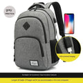 Grey lightweight charging backpack with USB port and trolley case compatibility