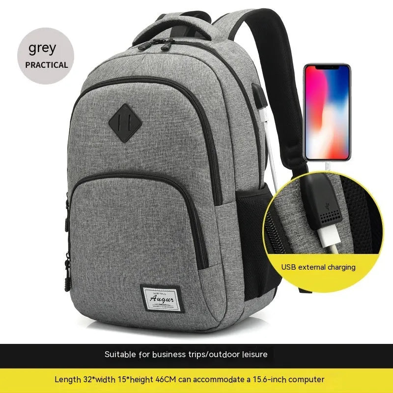 Grey lightweight charging backpack with USB port and trolley case compatibility