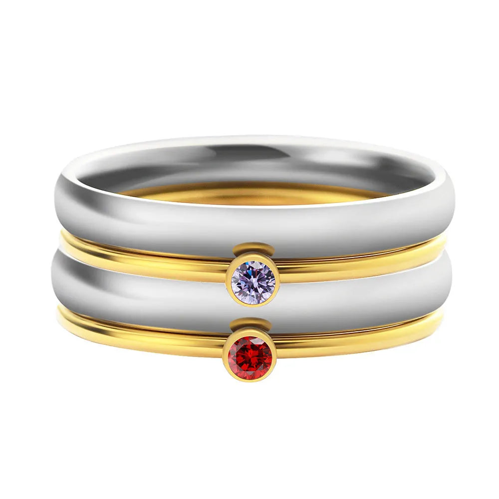 December birthstone engraved titanium steel ring with geometric design in gold and steel tones