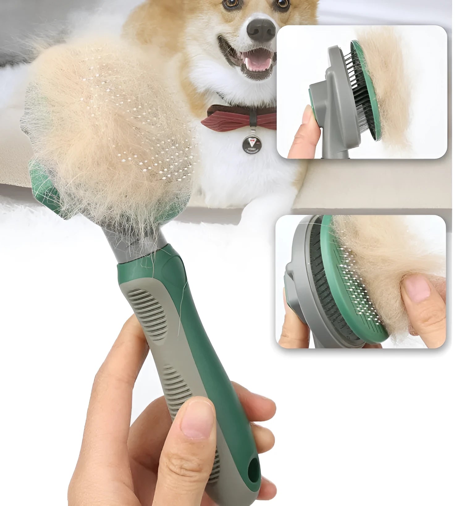 Automatic hair removal comb in green with stainless steel coarse needles, plastic and TPR body on white background