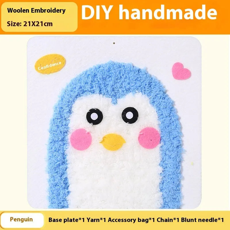 Children's DIY wool embroidery kit with cartoon animal design on 15cm cloth base