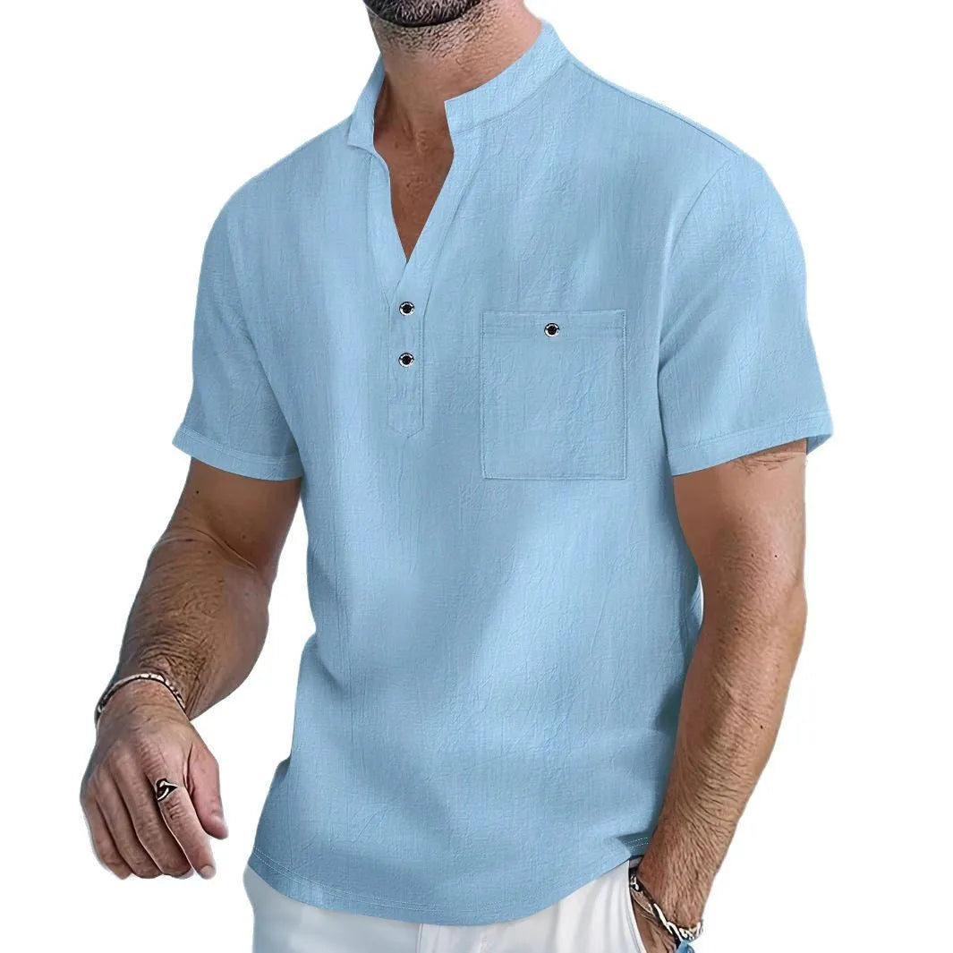 Men's linen stand collar t-shirt in light blue colour with short sleeves and loose fit