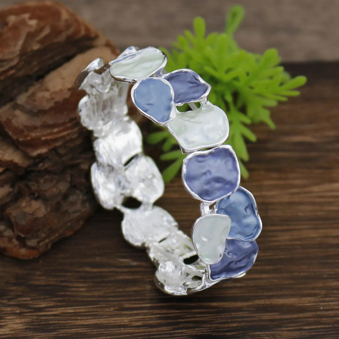 Enamel square geometric stretch bracelet in zinc alloy with colourful quadrilateral pattern in silver finish