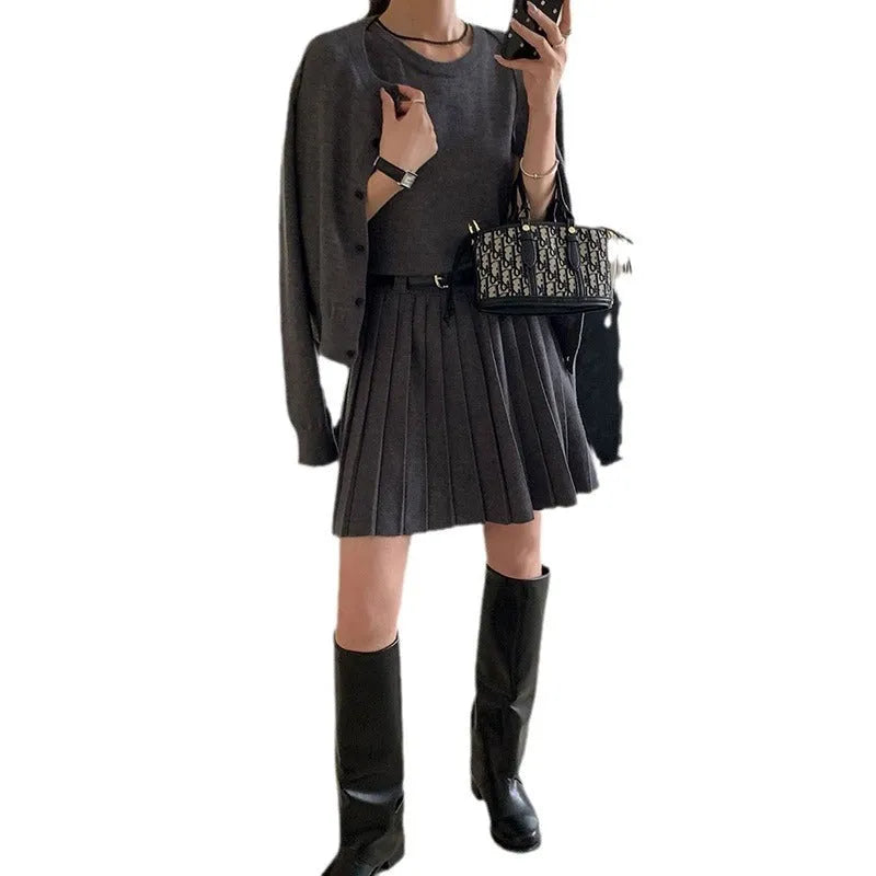Women's art retro knitted two-piece set with vest skirt and long-sleeved cardigan