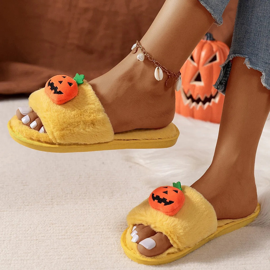 Halloween pumpkin plush open toe slippers with anti-slip PVC sole in white or yellow