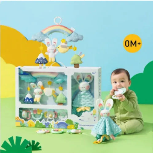 White plastic newborn soothing rattle teether with Obi big ears adorable rabbit design in gift box