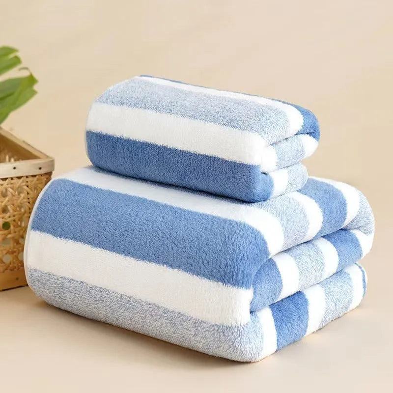 Soft coral fleece wide stripe towel in grey colour, 70x140cm bath size