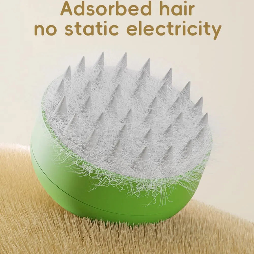 Green rechargeable cat steam brush with silicone bristles and steam activation button