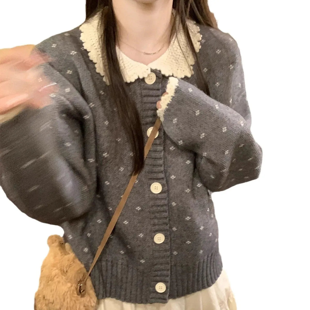 Retro floral pattern Peter Pan collar knitted cardigan coat in navy blue, apricot, or grey.