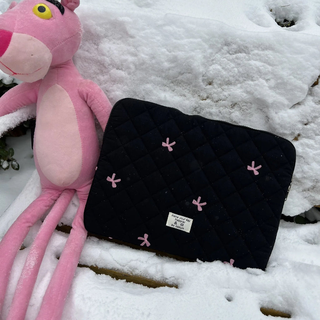 Cute rhombus embroidered bow notebook storage bag for laptop, nylon, light pink, fits 13-14 inch device
