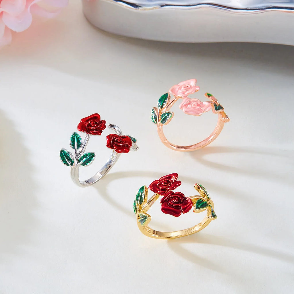 Rose open bracelet and ring set for women, electroplated copper, three colour options, European American style