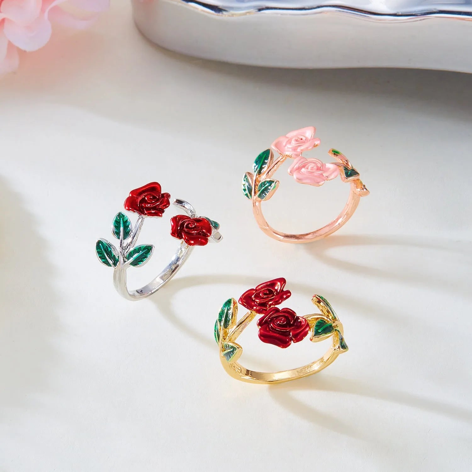 Rose open bracelet and ring set for women, electroplated copper, three colour options, European American style