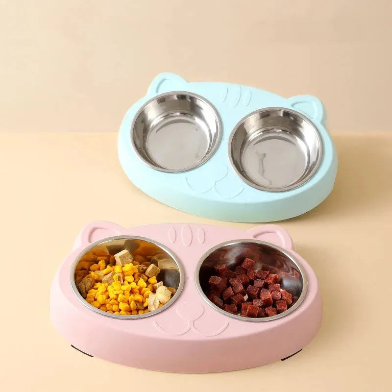 Blue plastic pet feeder tray with two raised bowls for cat or small dog food and water