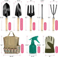 Eight-piece stainless steel garden tool set including pruning shears, trowel, cultivator, weeder, and gloves on wooden table