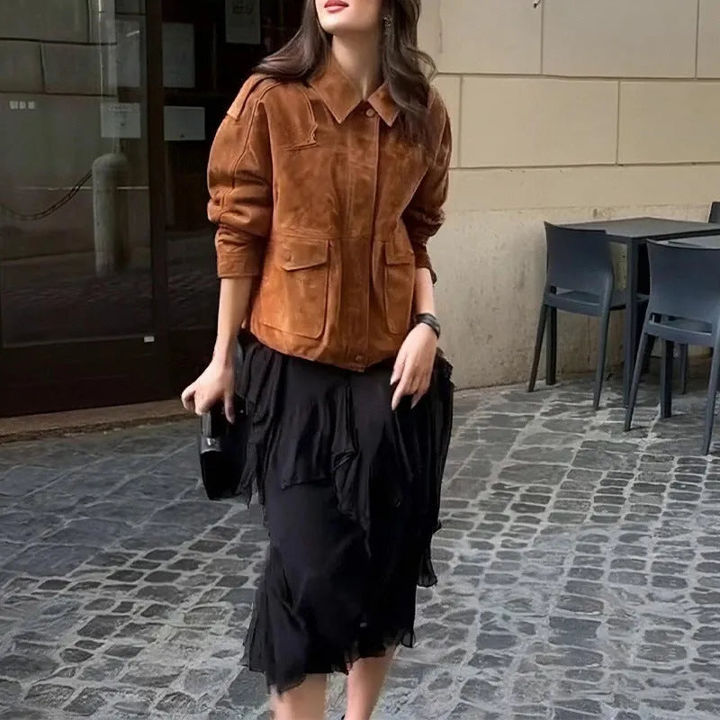 Women's brown suede coat street chic regular sleeve jacket in polyester fabric