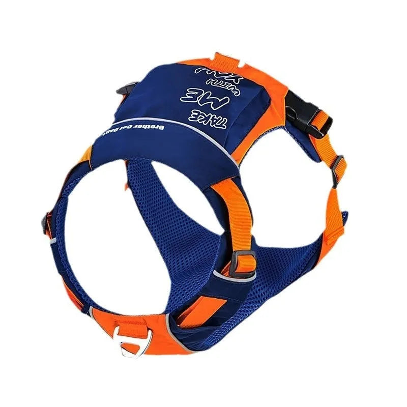 Nylon dog chest strap vest style hand rope in orange and blue with single chest back design