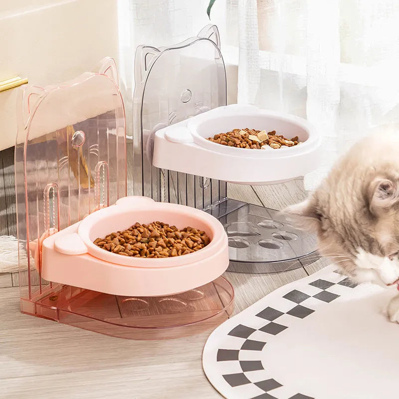Grey adjustable height cat bowl with protective ears and removable cage for neck support