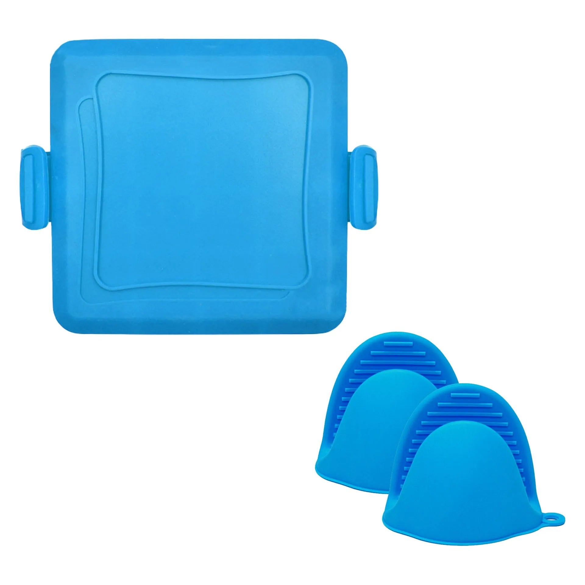 Red silicone baking tray with anti-scald protection and included gloves