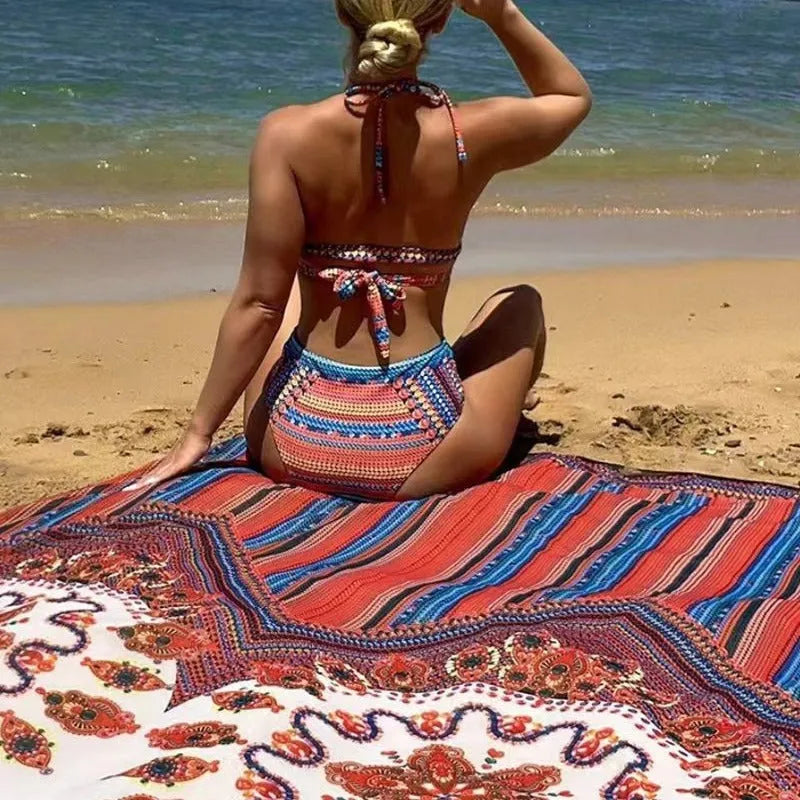 Women's three-piece swimsuit set with cutout blouse, high-waist briefs and cover-up coat