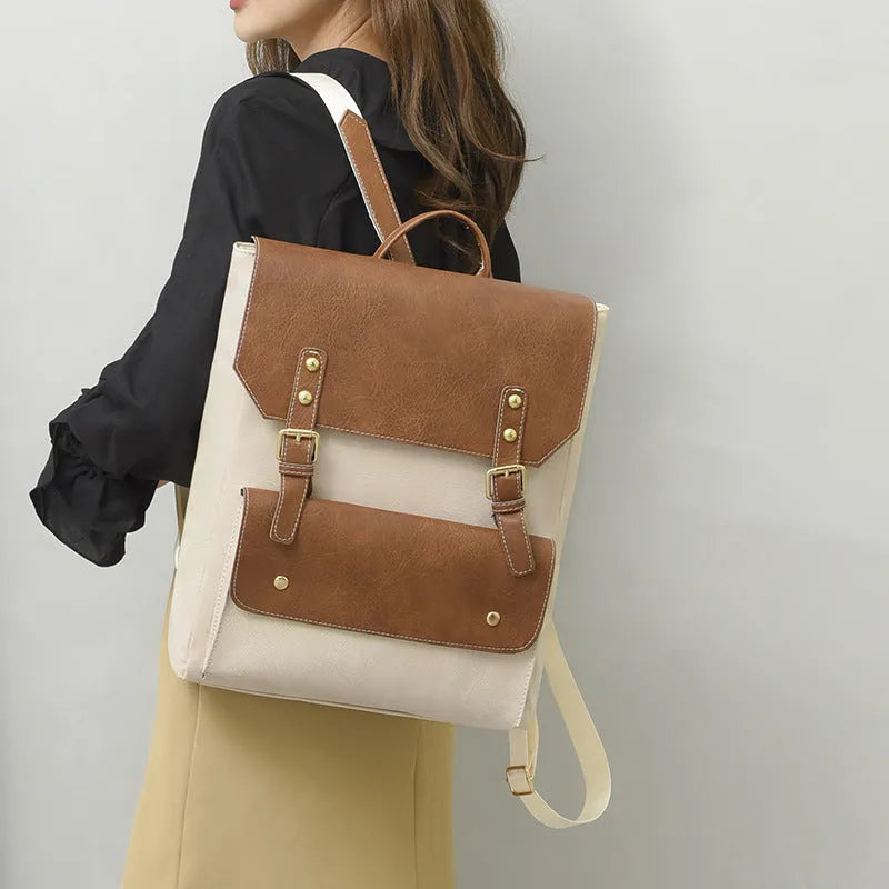 Korean style retro backpack in soft PU material, shown in creamy white colour.