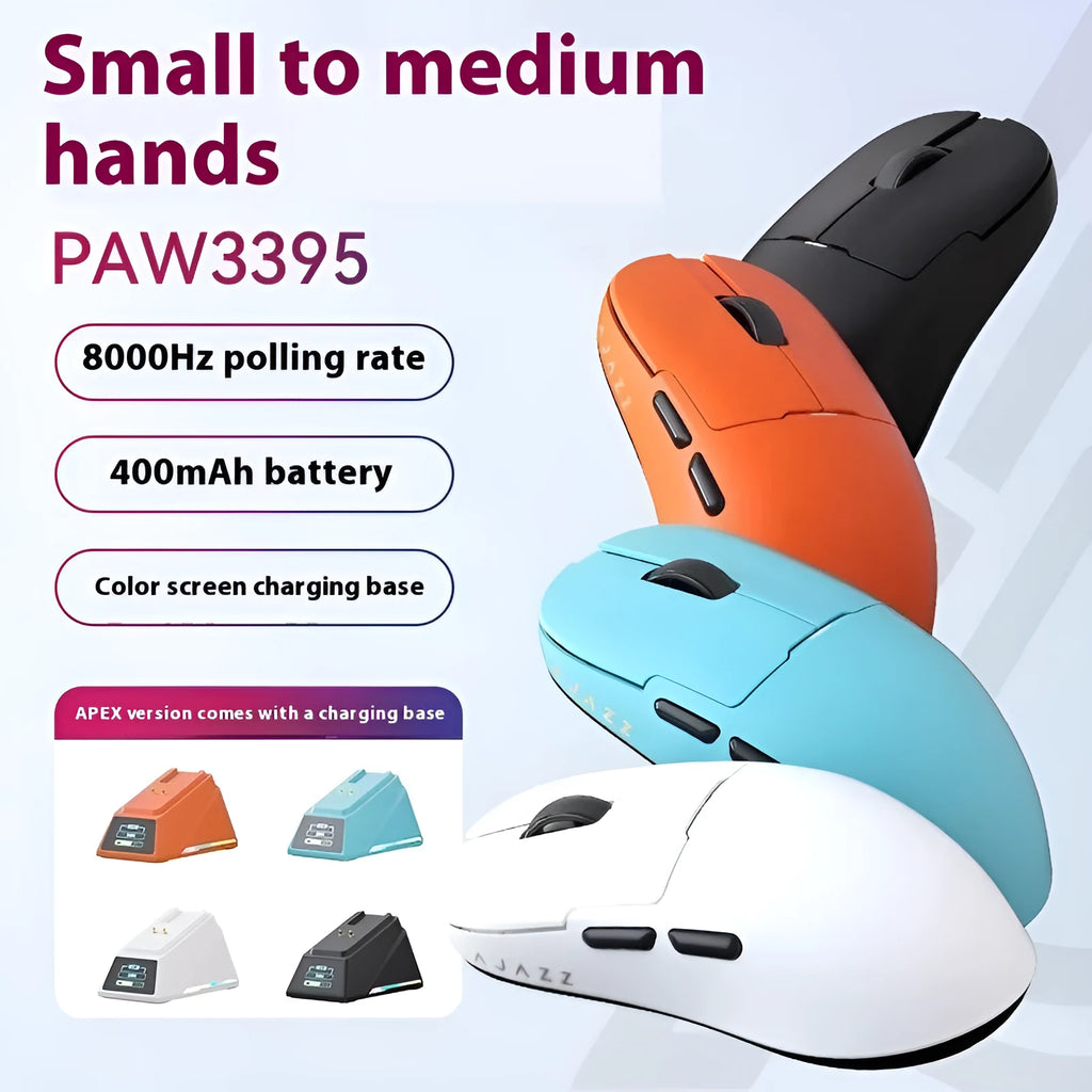 AJ159PRO and AJ159APEX three-mode gaming mouse in various colours on a desk