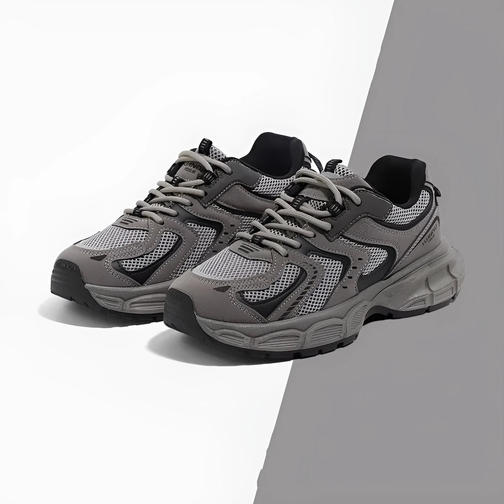 Spring versatile platform casual sneaker in Black Silver, PU mesh and leather stitching, low top dad shoe with EVA sole