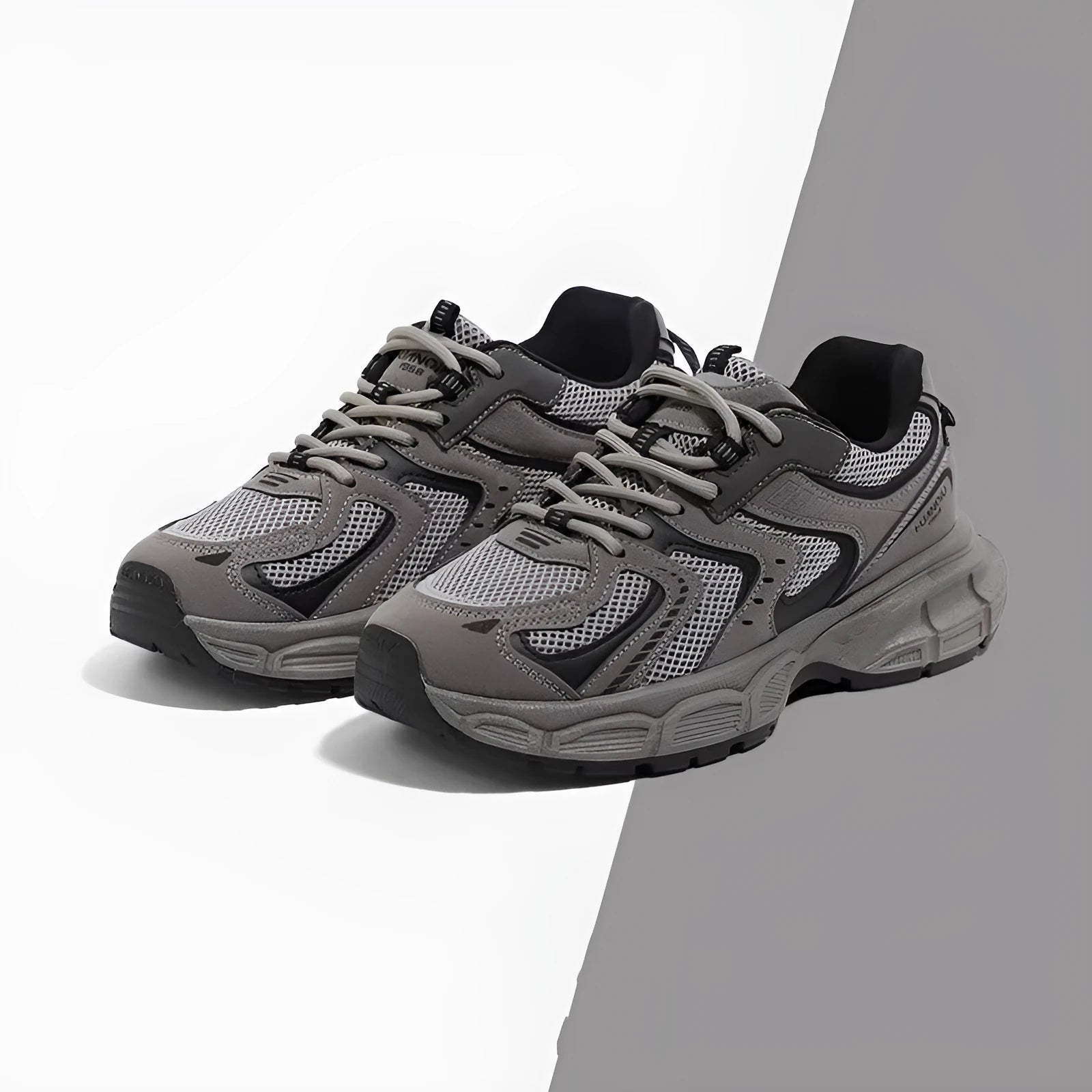 Spring versatile platform casual sneaker in Black Silver, PU mesh and leather stitching, low top dad shoe with EVA sole