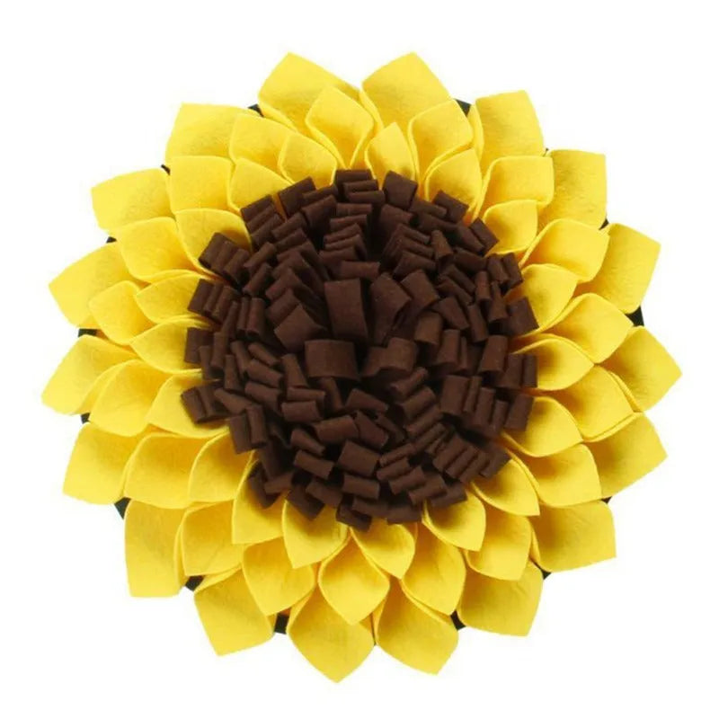 Yellow sunflower-shaped snuffle mat with layered fleece and felt strips for hiding dog treats