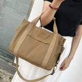 Large capacity canvas tote bag for women with zipper closure, horizontal square shape, in khaki colour