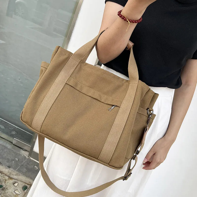 Large capacity canvas tote bag for women with zipper closure, horizontal square shape, in khaki colour