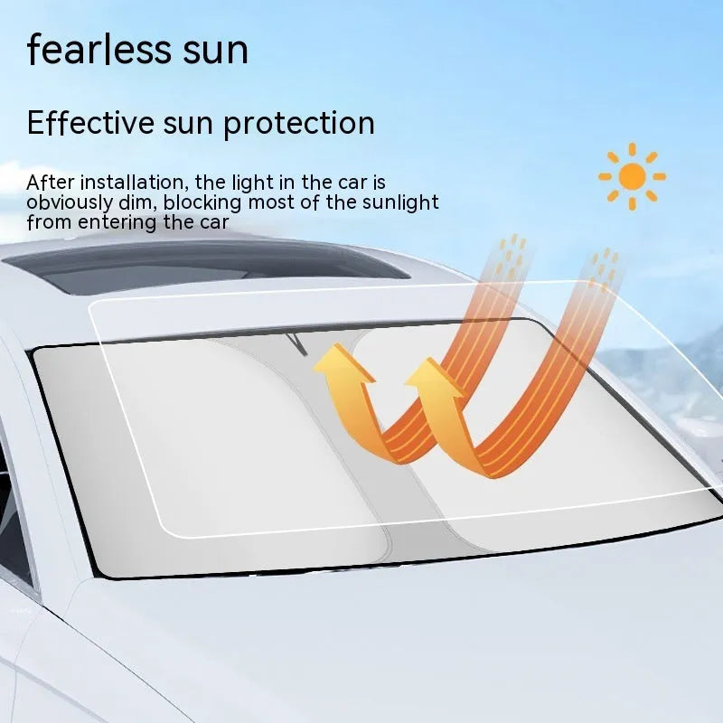 Car front shield sunshade with double elastic loops and titanium silver reflective surface