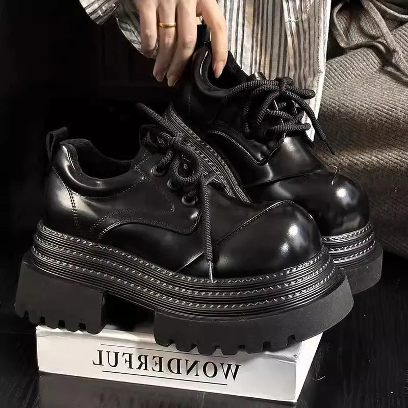 Raise The Bottom black women's platform pumps with block heel, round toe, and front lace-up