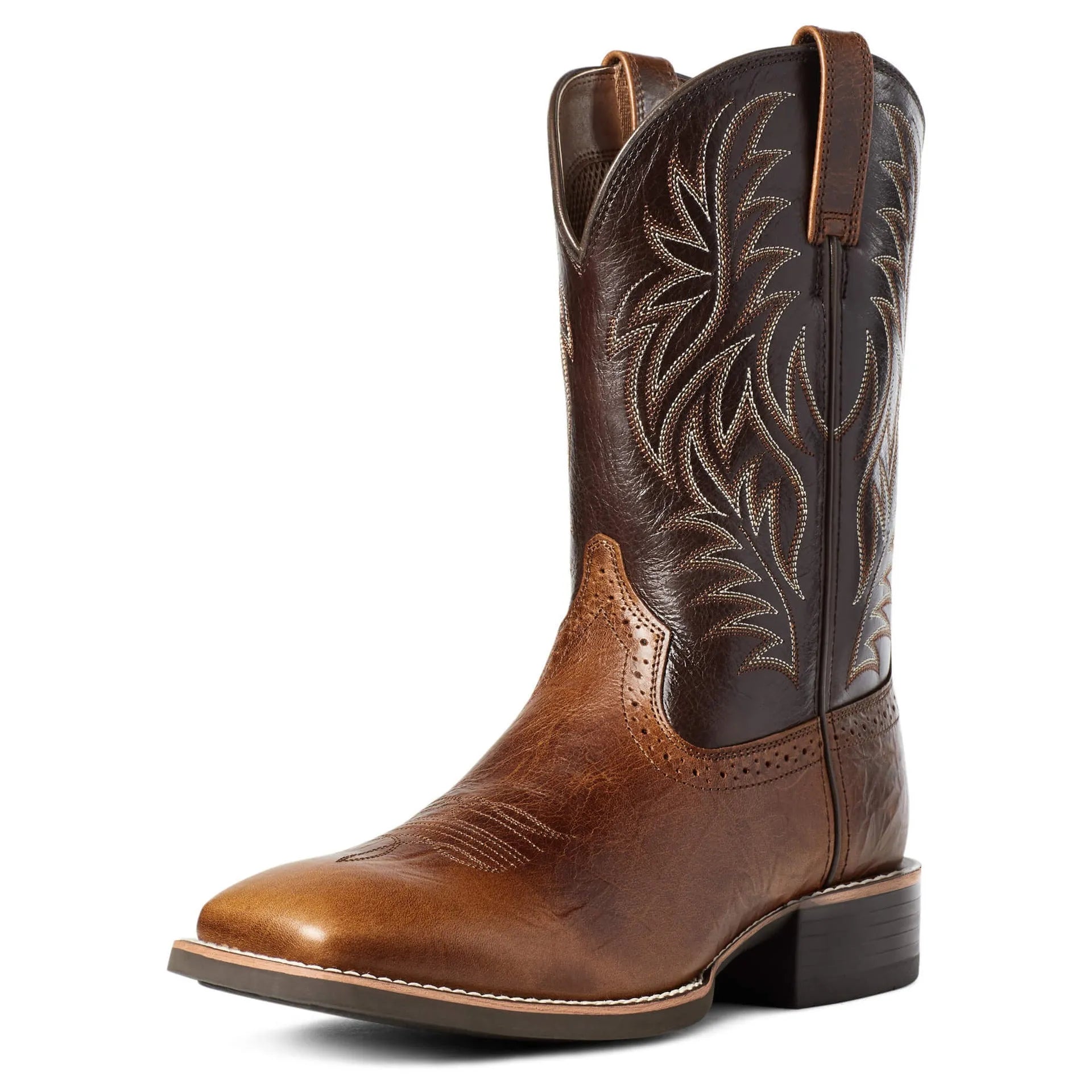 Men's black embroidered Western cowboy boots with wide square toe and low heel.