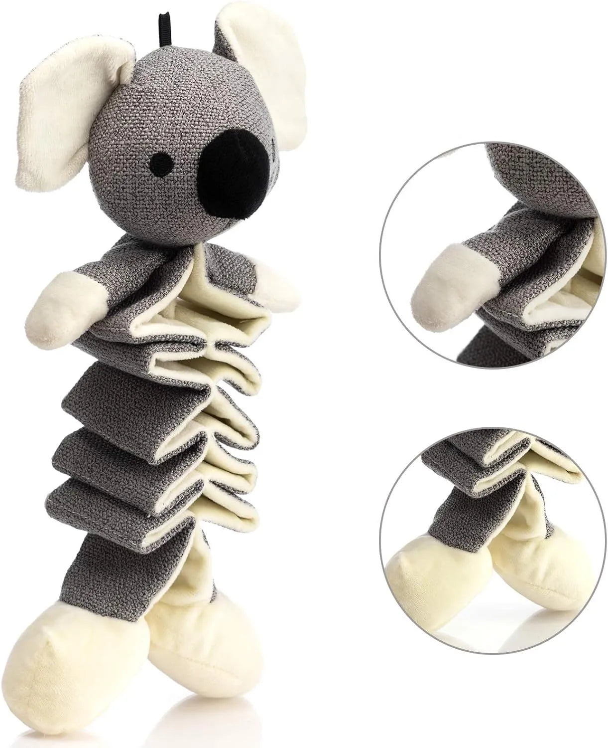 Gray Koala plush dog toy measuring 30cm long with crinkle paper inside.