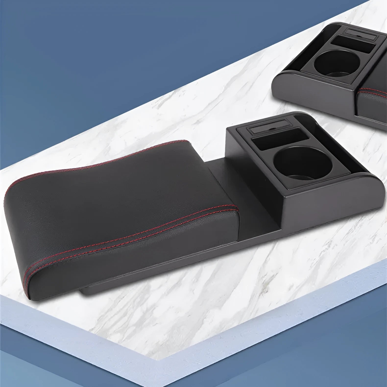 Universal automobile armrest box cover height increasing plastic with PU leather finish in beige placed on car centre console