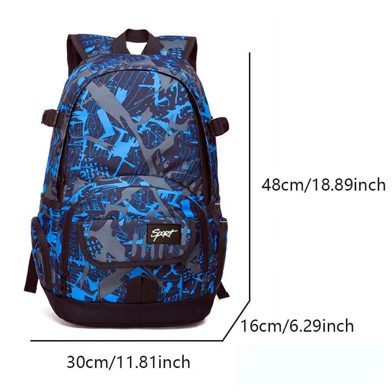A blue classic nylon backpack with large capacity, showing padded straps and a front pocket.