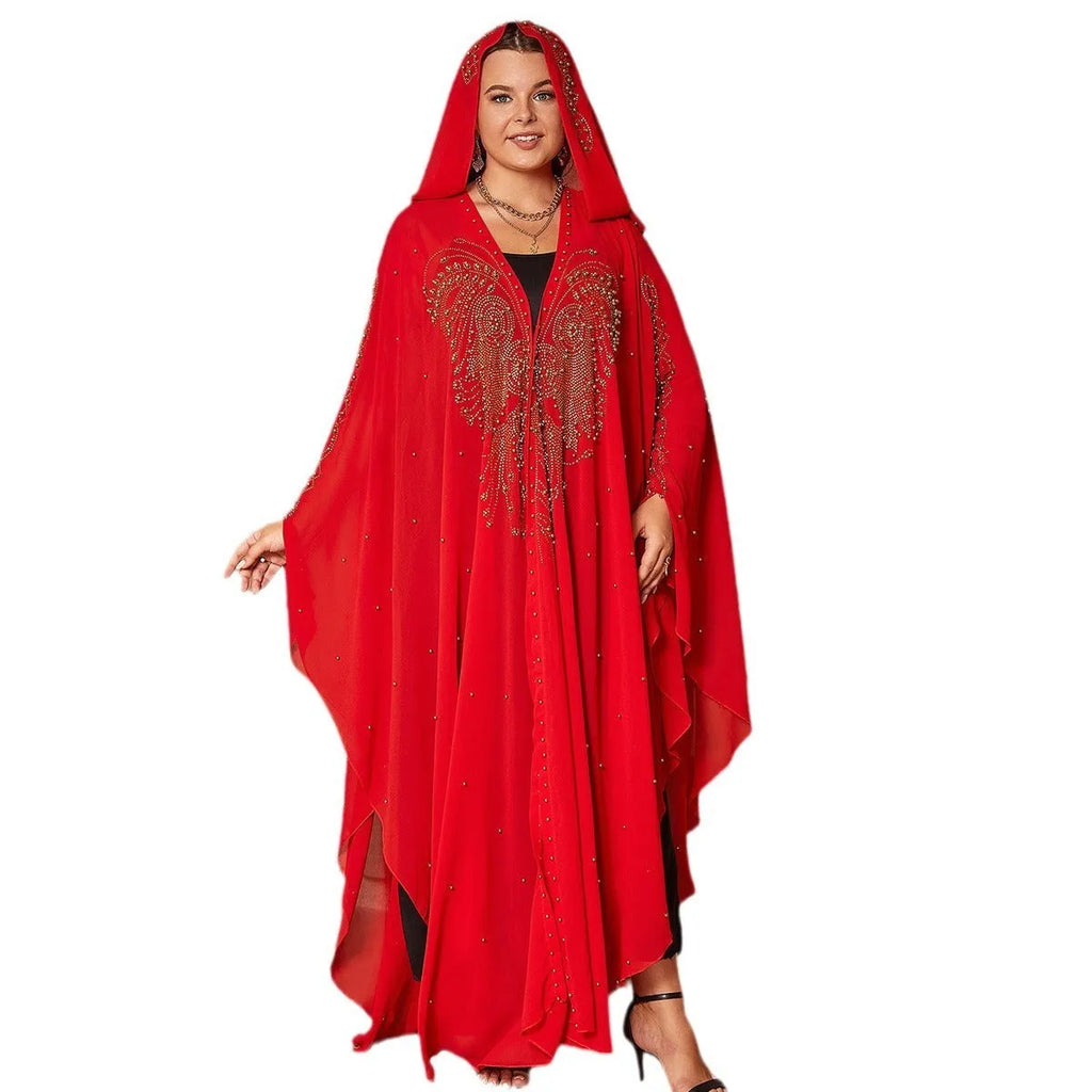 Purple Muslim-style chiffon cape shawl with rhinestone beading detail, showing sheer fabric and 135-175cm length