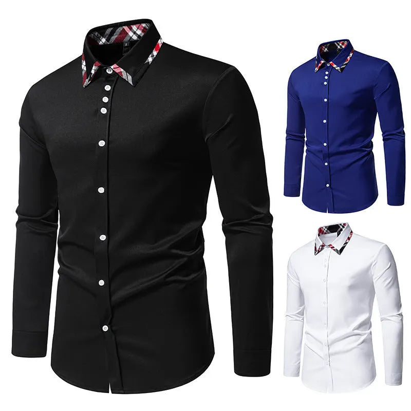 Men's blue plaid long sleeve shirt with a white contrast triangle collar, cardigan style