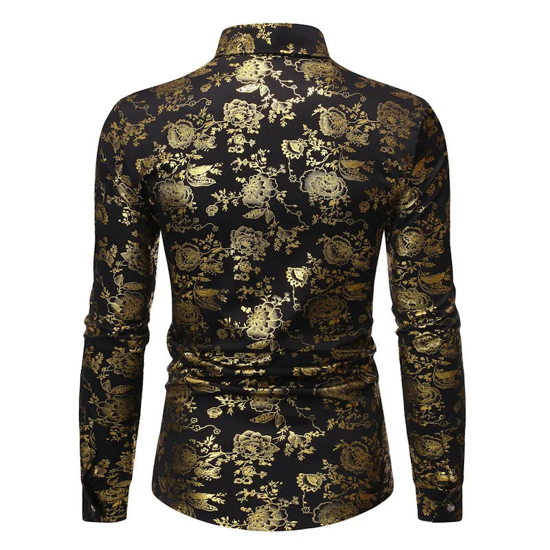Man wearing a casual long sleeve cardigan shirt with a metallic bronzing digital print.