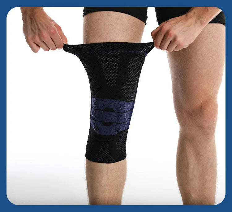 Adult sports knee pad in black and blue colour, size L, made from nylon and spandex.